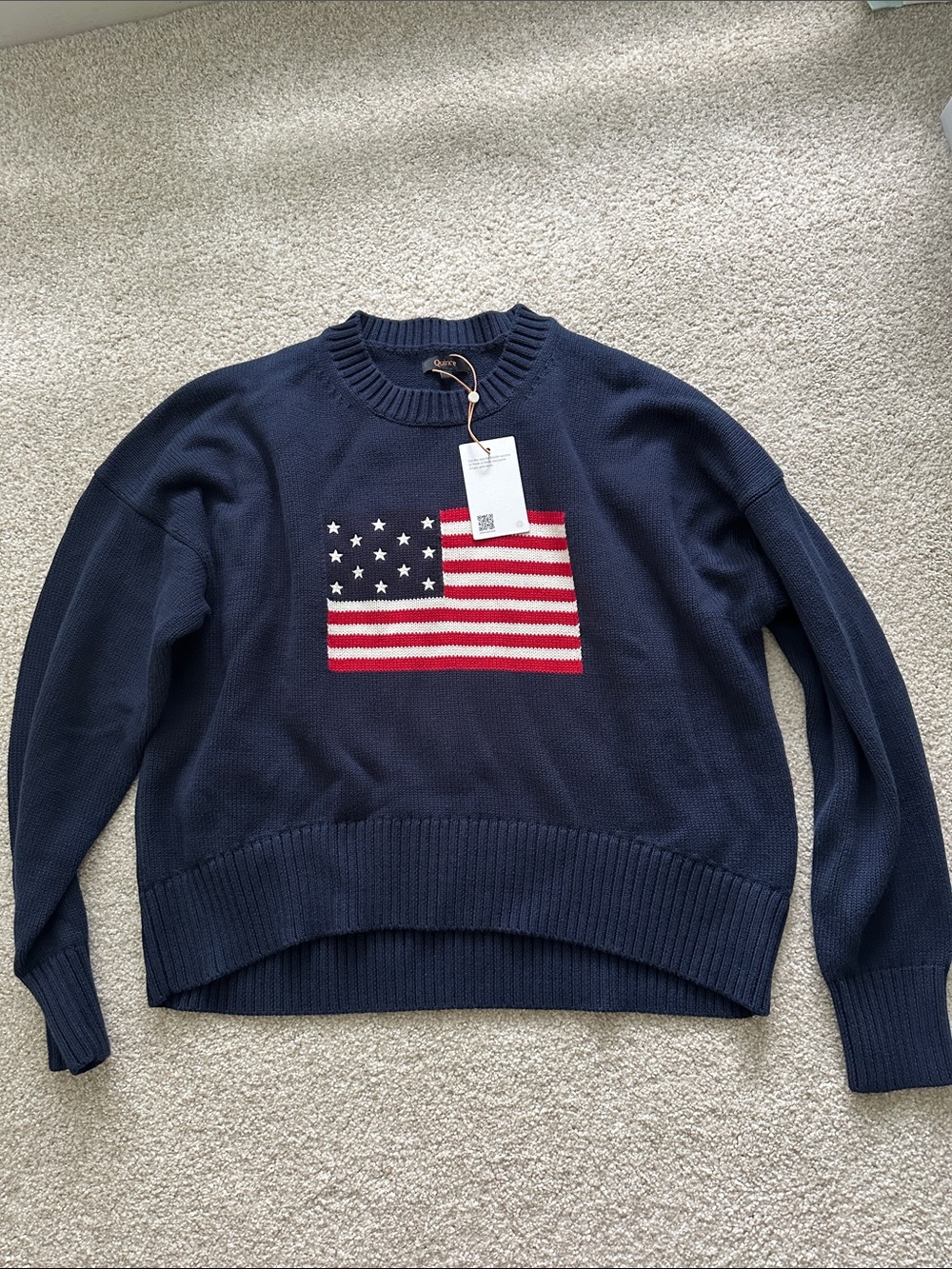 Quince Navy Crewneck Sweater with Flag Women’s Small
